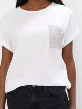 White Short cuff Sleeve Tee with Sparkling Pocket